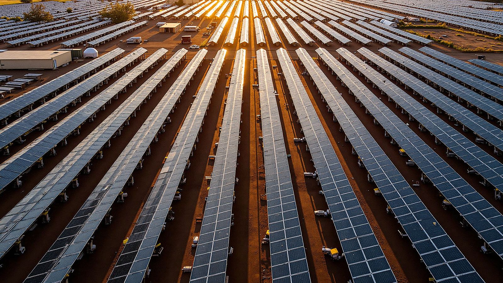 Ground-mount solar panel array at sunrise