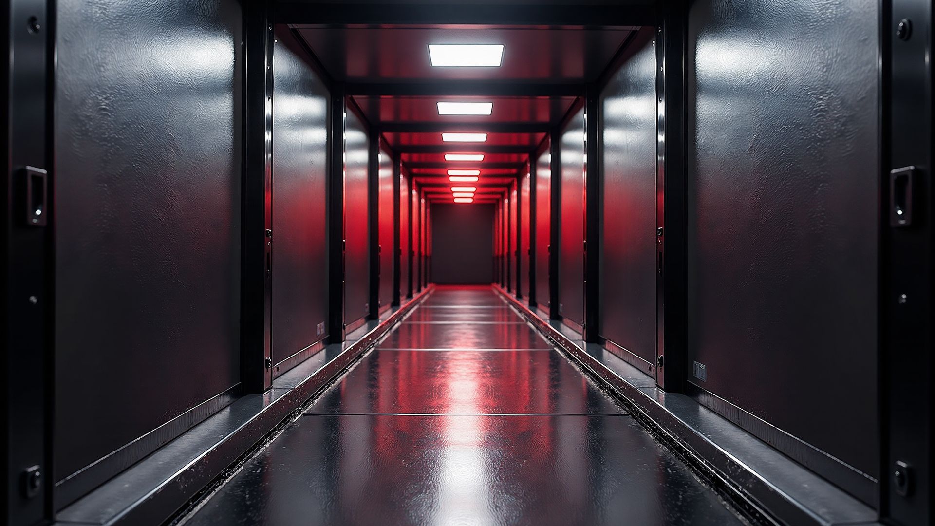 Data center corridor with illuminated server racks